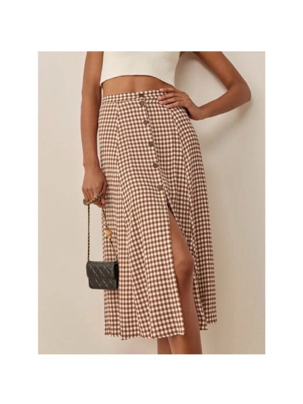 Reformation women's 6 brown chestnut check hermosa midi skirt cottagecore